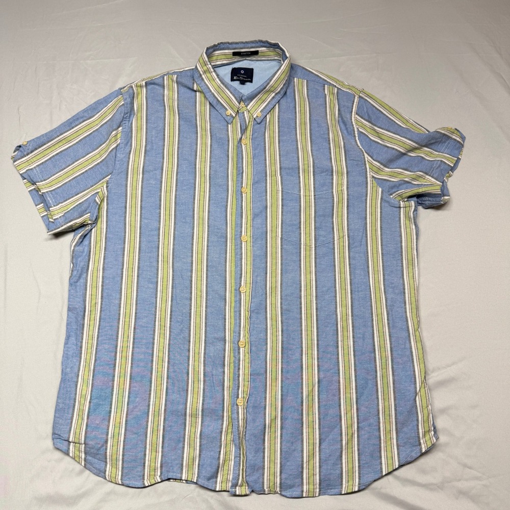 Ben Sherman The Original XL Blue Green Stripe Stretch Short Sleeve Button Down